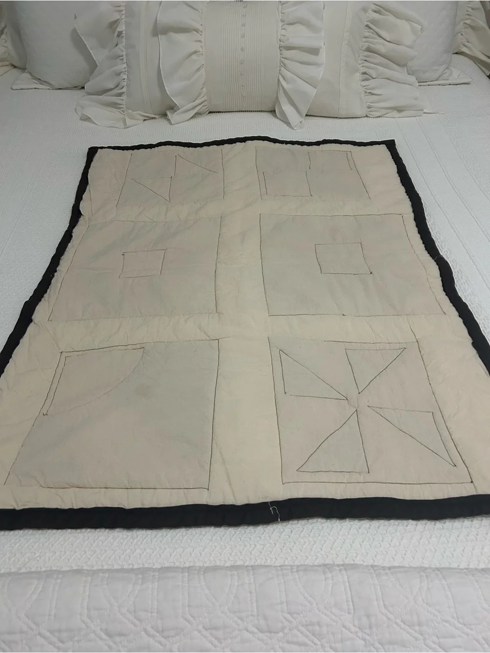Handmade Patchwork Crib Quilt. Cream with Brown, Rust and Mustard Accent